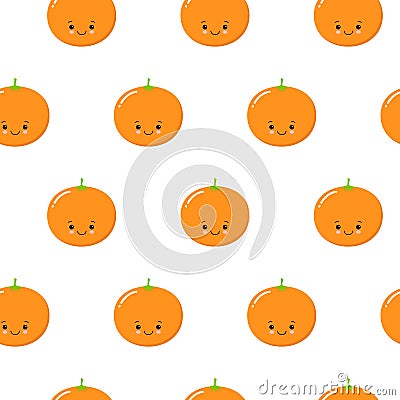 Seamless Pattern with Cute Oranges Fruit. Fresh Background with Stylized Citrus Fruits and Green Petals. kawaii Stock Photo