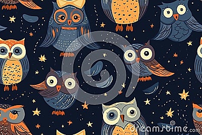 Seamless pattern with Cute painted flat owls. On a dark blue background. Generative AI illustration. Cartoon Illustration