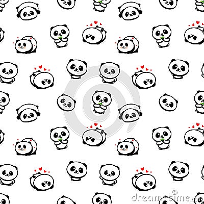 Seamless Pattern with Cute Panda Asian Bear Vector Illustrations, Collection of Chinese Animals Simple Texture Elements Vector Illustration