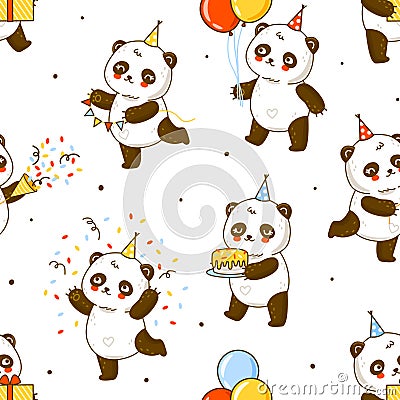 Seamless pattern with cute panda bears isolated on white - cartoon background for happy Birthday wrapping design Vector Illustration