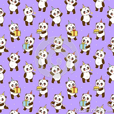 Seamless pattern with cute panda bears on purple - cartoon background for happy Birrthday wrapping design Vector Illustration