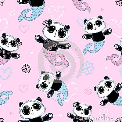 Seamless pattern. Cute Panda mermaid on pink background. Vector Stock Photo