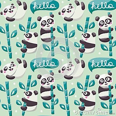 Seamless pattern with cute pandas, bamboo, leafs and hello Vector Illustration