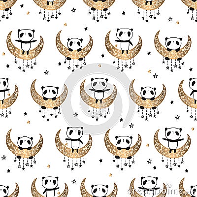 Seamless pattern with cute pandas on the gold moon Vector Illustration