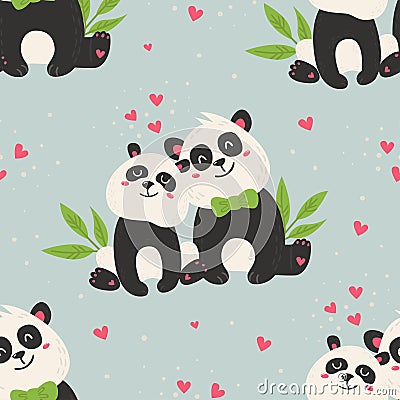 Seamless pattern with cute pandas Vector Illustration