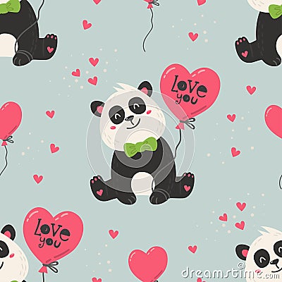 Seamless pattern with cute pandas Vector Illustration