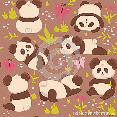 Seamless pattern with cute pandas. Vector graphics Stock Photo