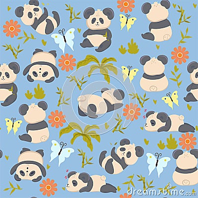 Seamless pattern with cute pandas. Vector graphics Stock Photo