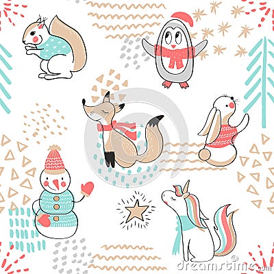 Seamless pattern with cute penguin,snowman, Fox,unicorn, squirrel and rabbit. Hand Drawn illustration. Background with cart Cartoon Illustration