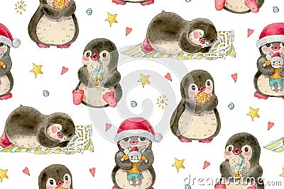 Seamless pattern with cute penguins Stock Photo