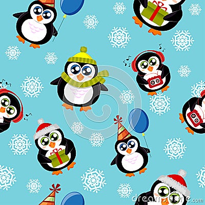 Seamless pattern with cute penguins and snowflakes Vector Illustration