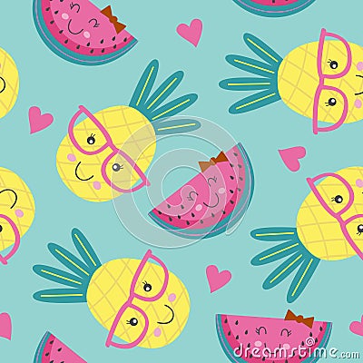 Seamless pattern with cute pineapple and watermelon Vector Illustration
