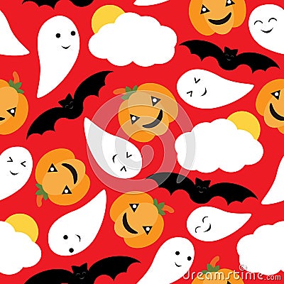 Seamless pattern of Cute pumpkin, bat and ghost vector cartoon on red background, Halloween wallpaper, scrap paper, and postcard Vector Illustration