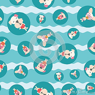 Seamless pattern of cute puppies dogs on vacation enjoying summer time on a pool. Vector Illustration