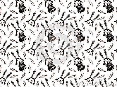 Seamless pattern of cute rabbit girls with a blush on their cheeks in children`s black polka dot dresses, their portraits with pig Vector Illustration