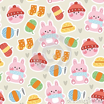 Seamless pattern of cute rabbit wear wool hat with yarn and sock tiny heart background Vector Illustration