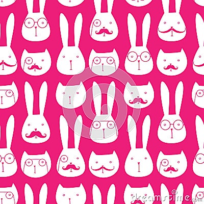 Seamless pattern with cute rabbits and cats Vector Illustration