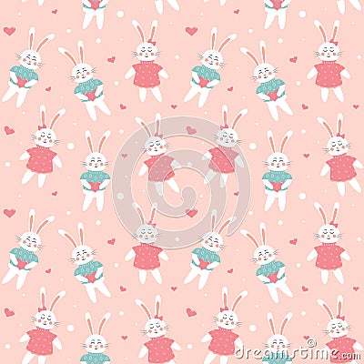 Seamless pattern with cute rabbits in love. Scandinavian happy baby bunnies in clothes with hearts Vector Illustration