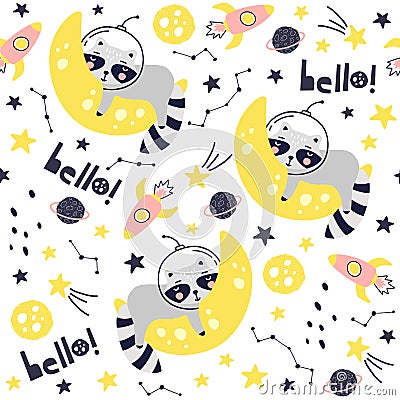 Seamless pattern with cute raccoon astronaut, planets, stars and comets. Space Background for Kids. Vector Vector Illustration