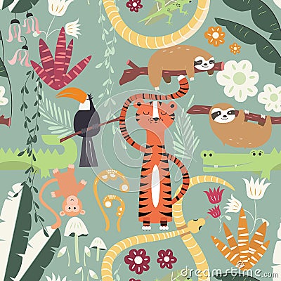 Seamless pattern with cute rain forest animals, tiger, snake, sloth Vector Illustration