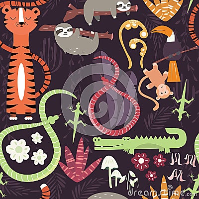 Seamless pattern with cute rain forest animals, tiger, snake, sloth Vector Illustration