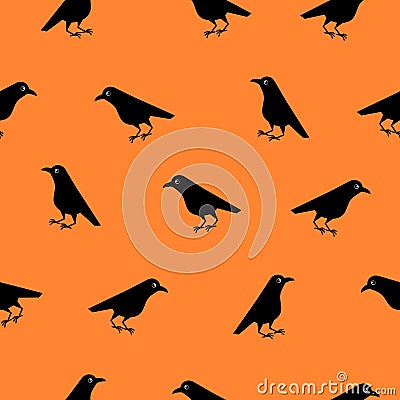 Seamless pattern of cute raven crow vector on orange background. Funny illustration Vector Illustration