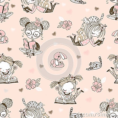 Seamless pattern with cute reading girls. Vector Stock Photo