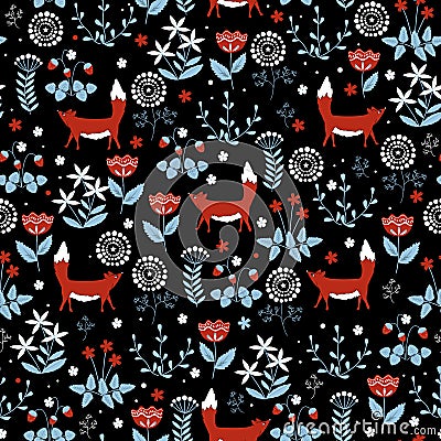 Seamless pattern with cute red foxes on doodle flower background Vector Illustration