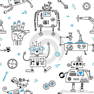 Seamless pattern with cute Robots and Robotics. Vector illustration Vector Illustration