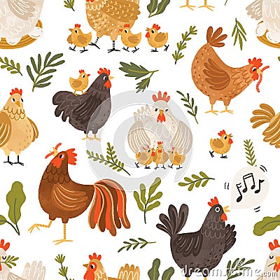 Seamless pattern with cute roosters, chickens, hens and leaves on white background. Endless repeatable backdrop with Vector Illustration