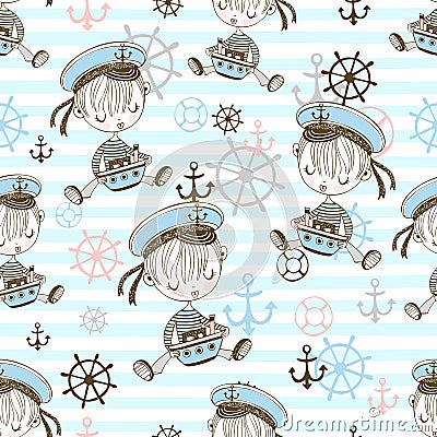 Seamless pattern with cute sailor boys. Vector Vector Illustration