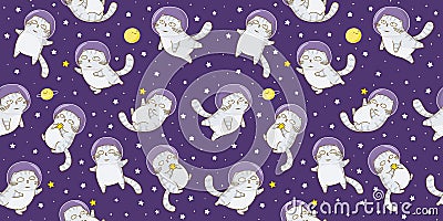 Seamless pattern with cute scottishfold cats astronauts on starry space Vector Illustration
