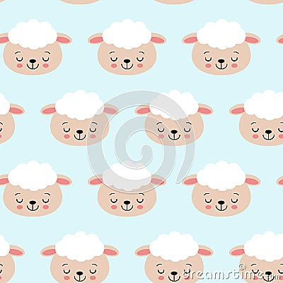 Seamless pattern with cute sheep on blue. Vector background for kids Vector Illustration