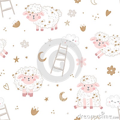 Seamless pattern with cute sheep, moon, clouds. Creative good night background. Perfect for kids apparel,fabric, textile, nursery Vector Illustration