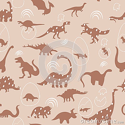 Seamless pattern with cute silhouettes baby dinosaurs. Jurassic,mesozoic reptiles with animal eggs. Vector Illustration