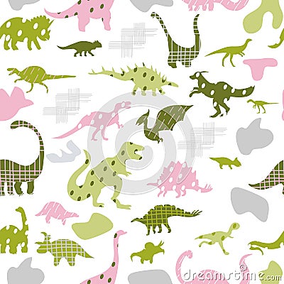 Seamless pattern with cute silhouettes baby dinosaurs. Jurassic,mesozoic reptiles with different prints. Vector Illustration