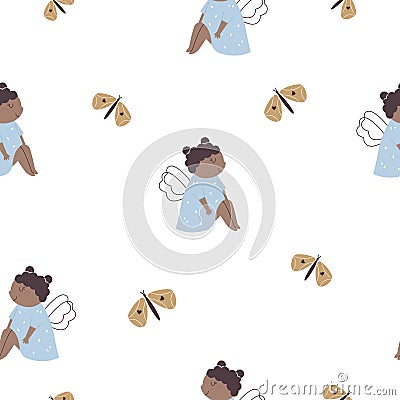 Seamless pattern with cute sitting fairy and butterfly Vector Illustration