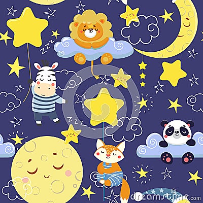 Seamless pattern with cute sleeping animals and moons, stars Cartoon Illustration