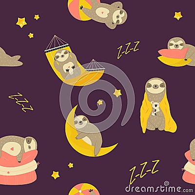 Seamless pattern with cute sleepy, dreaming sloths Vector Illustration