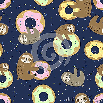 Seamless pattern. Cute sloth with sweet doughnuts. Sweet tooth. Vector Stock Photo