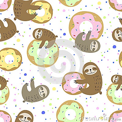 Seamless pattern. Cute sloth with sweet doughnuts. Sweet tooth. Vector Stock Photo