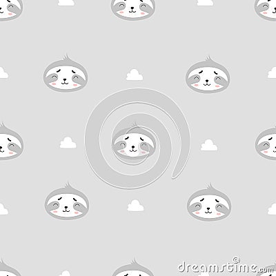 Seamless pattern of cute sloths with clouds Stock Photo