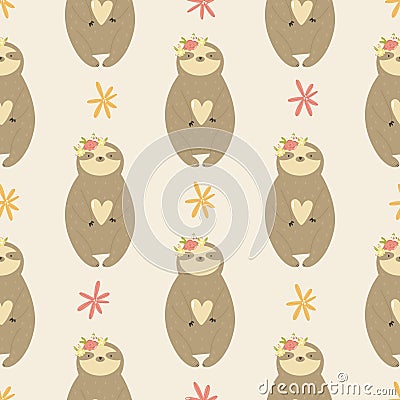 Seamless pattern with cute sloths inflower wreaths Vector Illustration