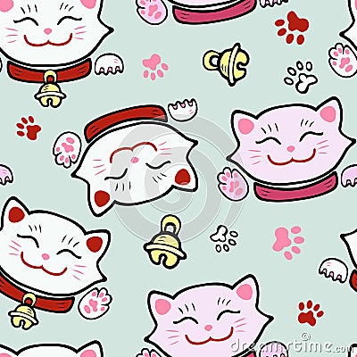 Seamless pattern with cute smiling cat. Vector Illustration