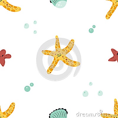 Seamless pattern with cute starfishes and shells Vector Illustration