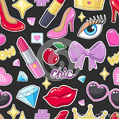 Seamless pattern with cute stickers illustrations Cartoon Illustration