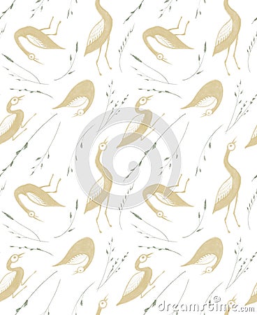 Seamless pattern with cute stylized hand drawn gold birds duck and green herbs isolated on white background. Artistic Stock Photo