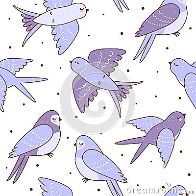 Seamless pattern with cute swallows on white Vector Illustration