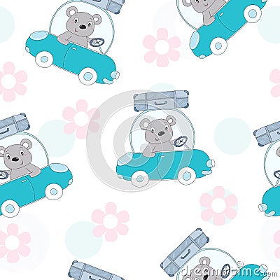 Seamless pattern with cute teddi bear in the car vector illustration Vector Illustration