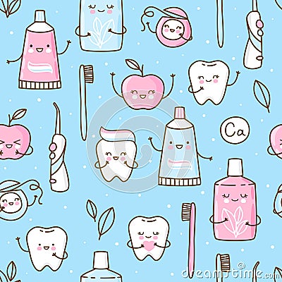 Seamless pattern with cute teeth and objects for dental care on blue background - funny toothpaste, brush, apple, irrigator, Vector Illustration